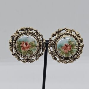 large vintage gold tone clip earrings with painted flowers